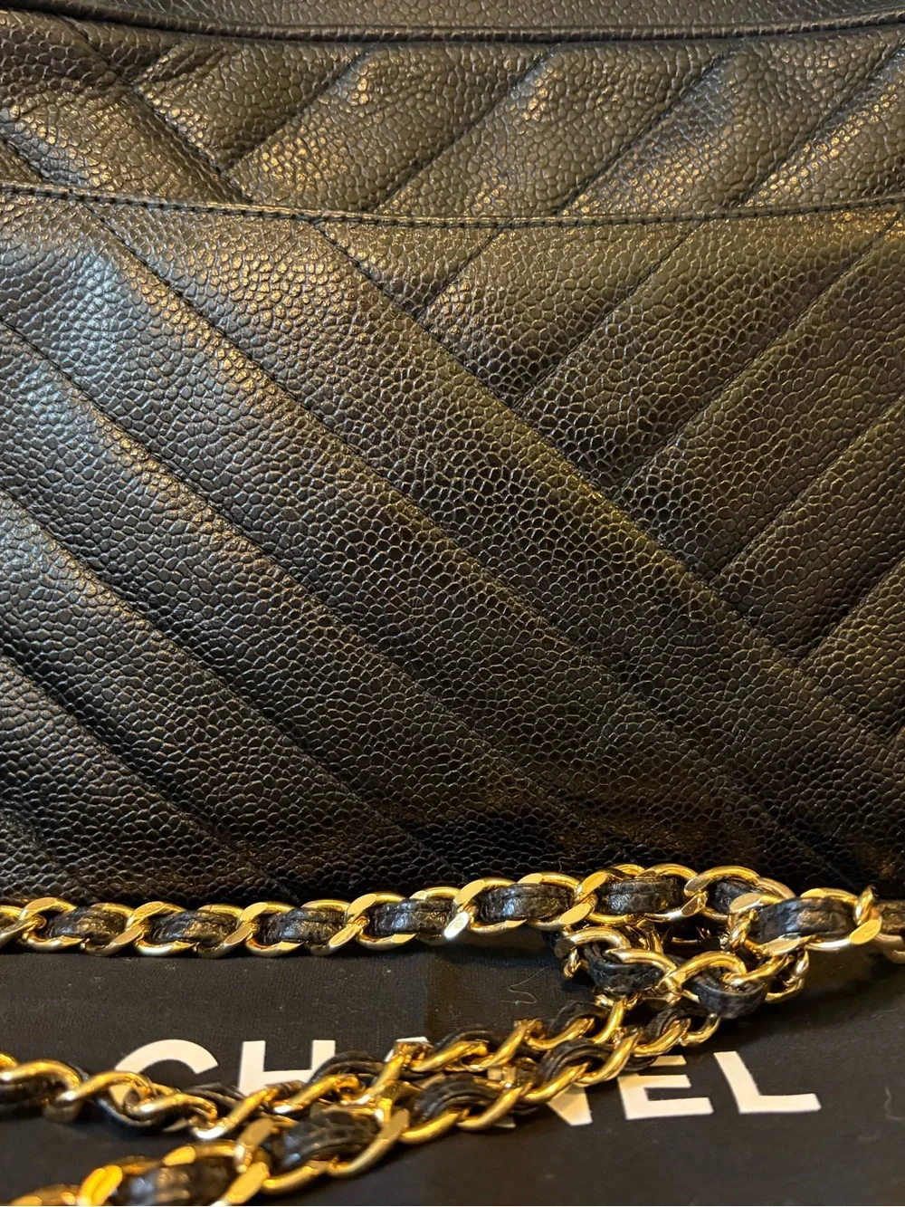 Vintage Chanel Black Quilted Caviar Leather Camera Bag with Gold Chain